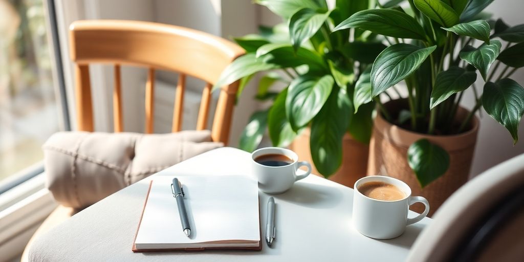 Cozy workspace with plants, notebook, and coffee.