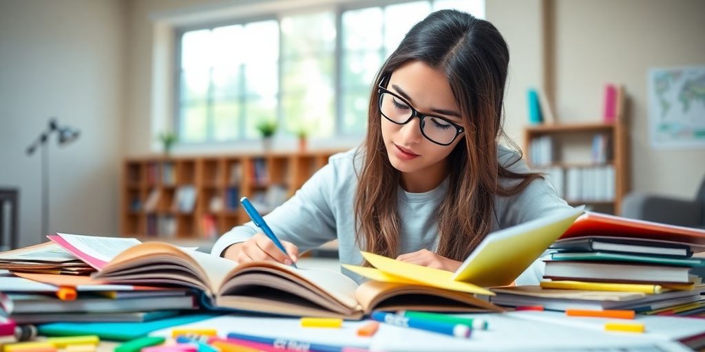 Student studying with colorful materials and notebooks.