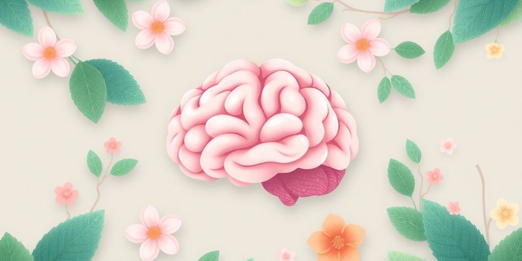 A serene brain illustration with leaves and flowers.