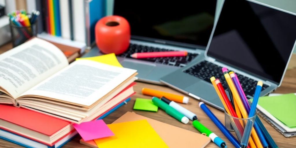 Colorful study setup with books and stationery tools.