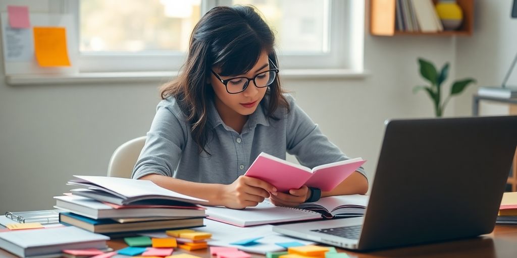 Student studying with textbooks and colorful sticky notes.