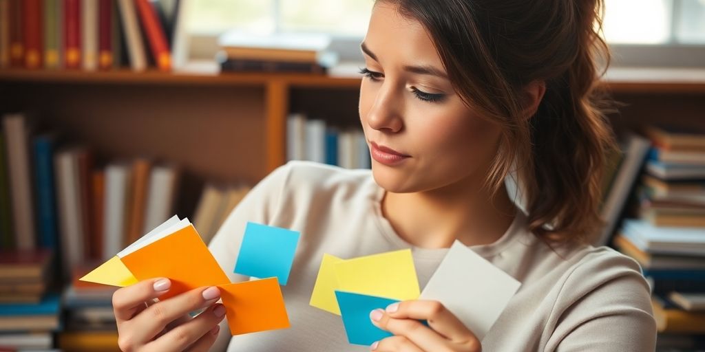 Person studying with colorful memory aids in a cozy setting.