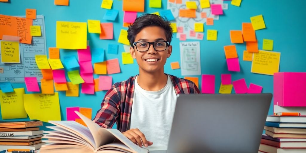 Student studying with colorful notes and books.