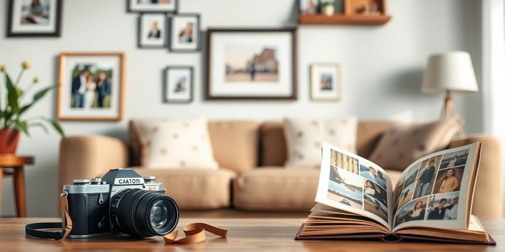 Cozy living room with photographs and a scrapbook.