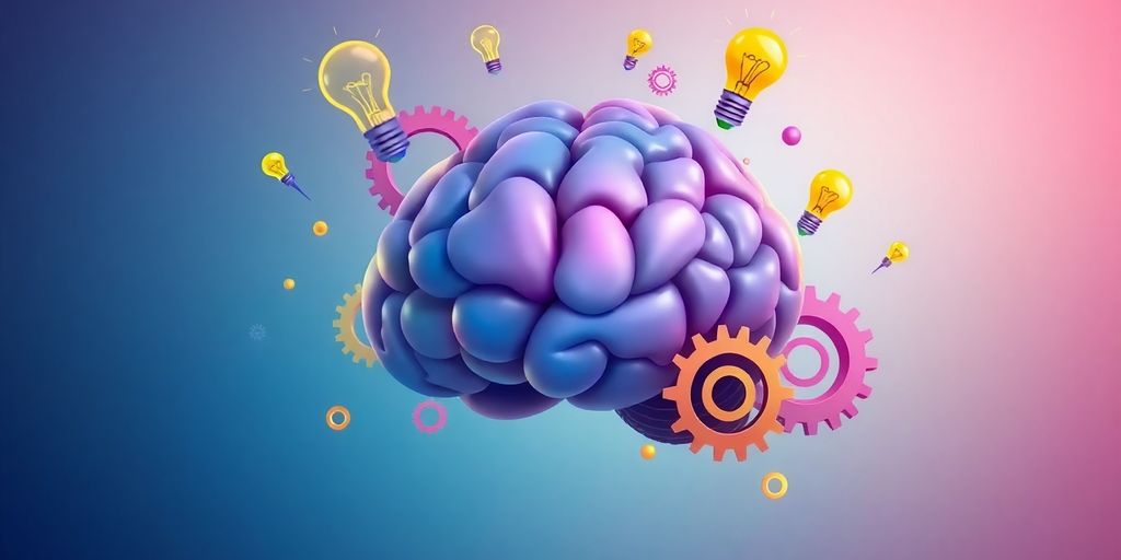 Colorful brain with gears and light bulbs for memory.