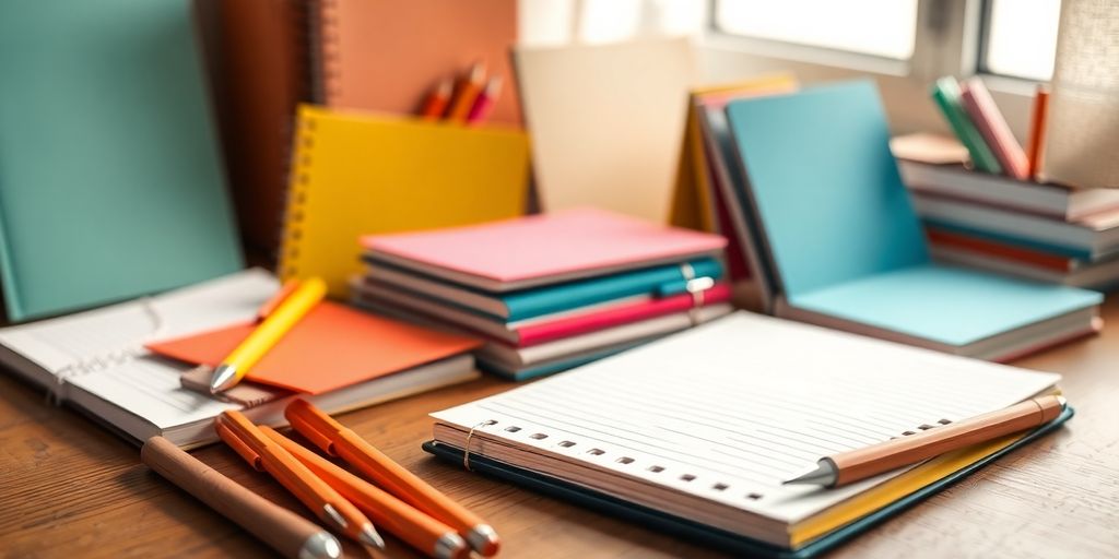 Colorful notebooks and pens on a wooden desk.