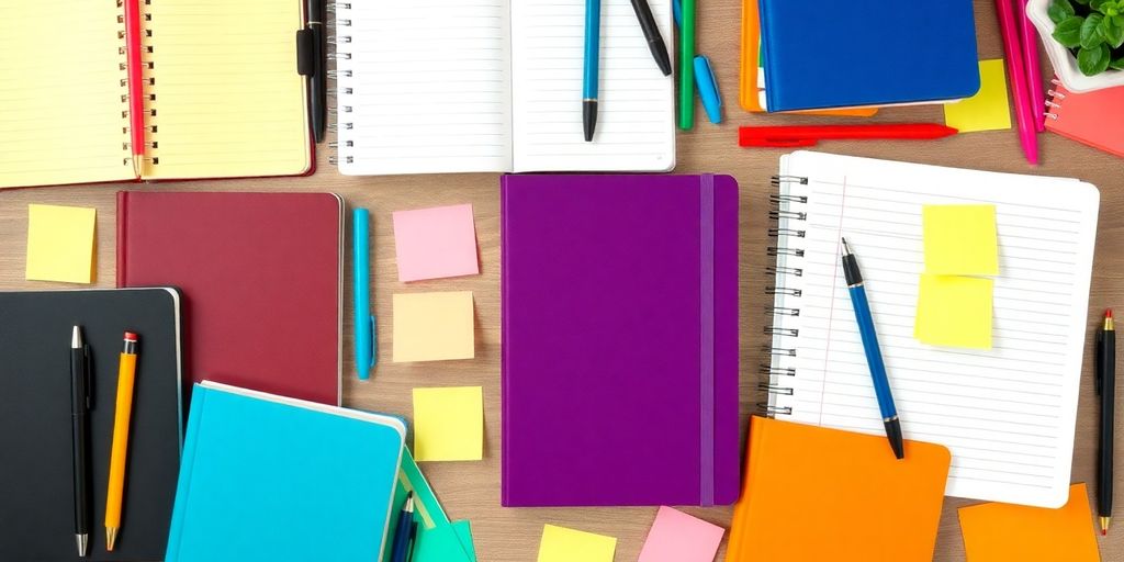 Variety of notebooks and pens on a desk.