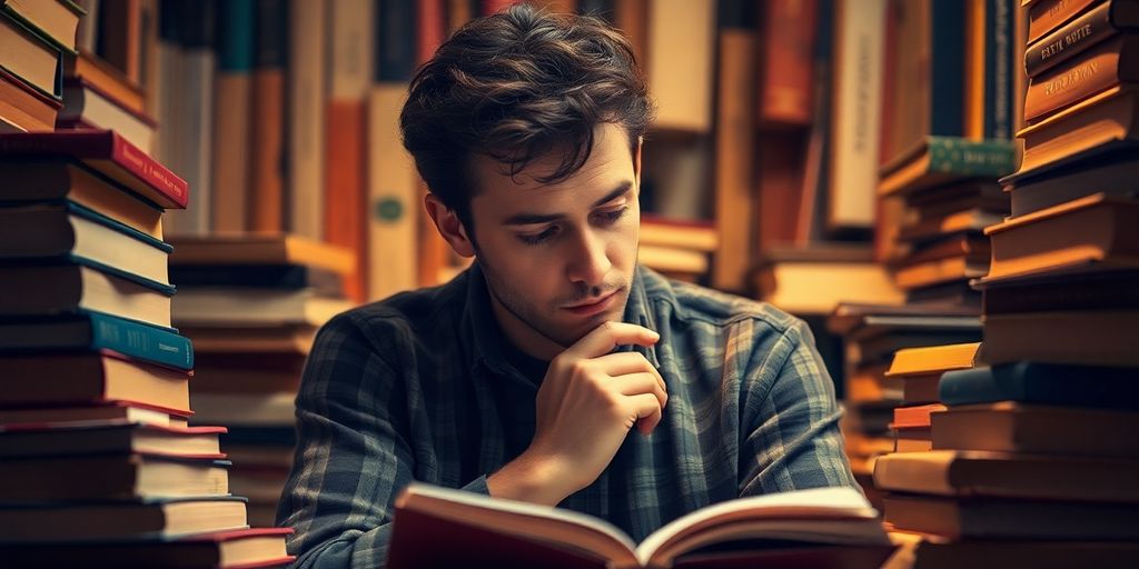 Person reading books in a cozy, warm environment.