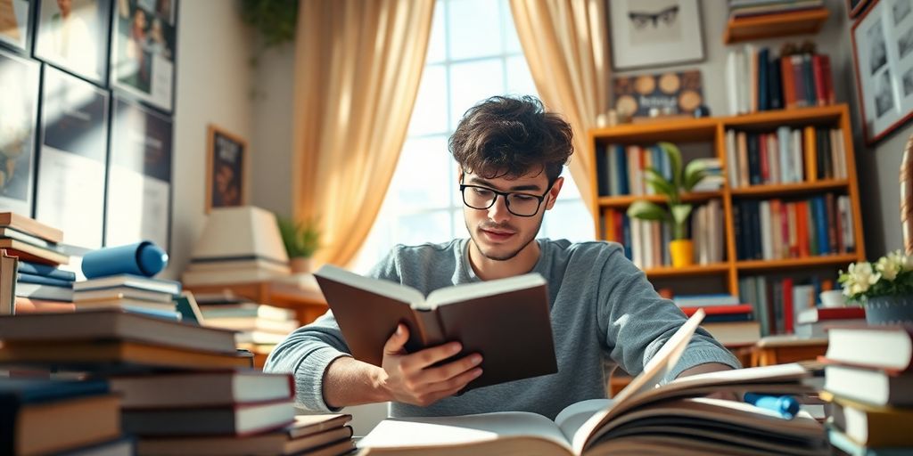 Person studying with books in a cozy environment.