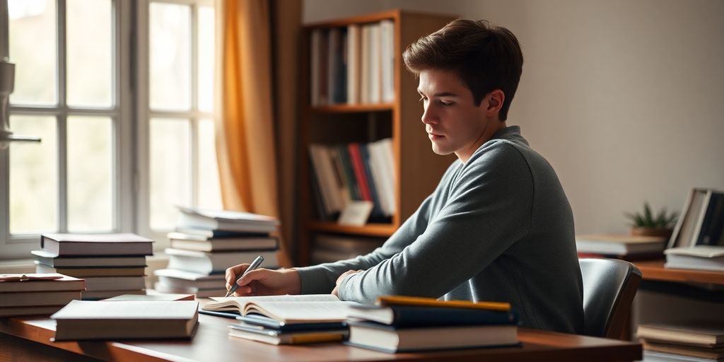 Student studying with books and notes at a desk.