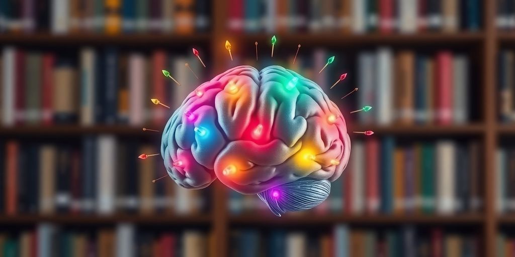 Colorful brain with light bulbs on a blurred background.