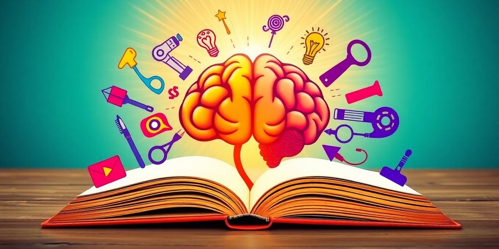 Colorful brain illustrations with an open book on a table.