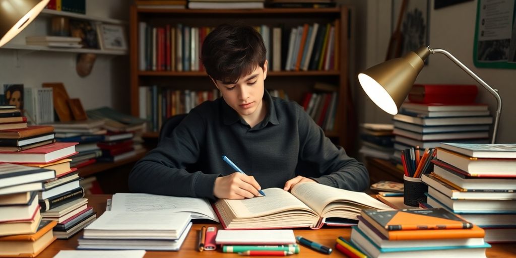 Student studying at a desk with books and stationery.