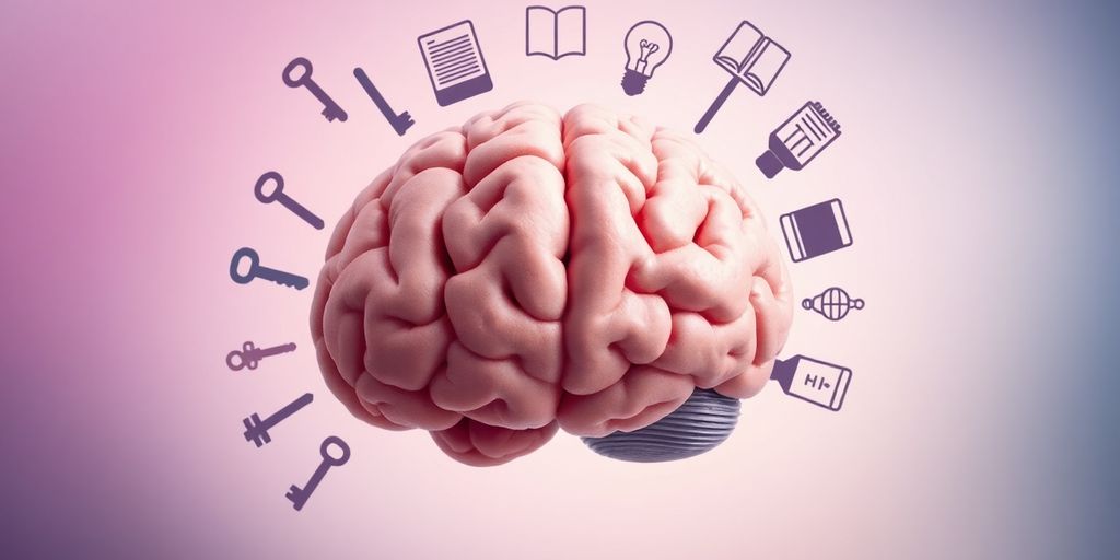 Brain with memory symbols like keys and books.