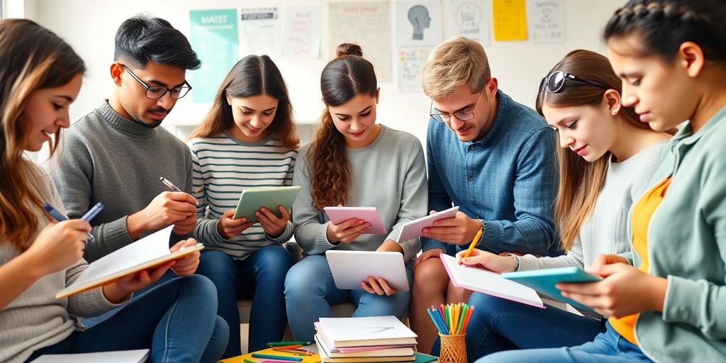 Students practicing different note-taking techniques in a classroom.