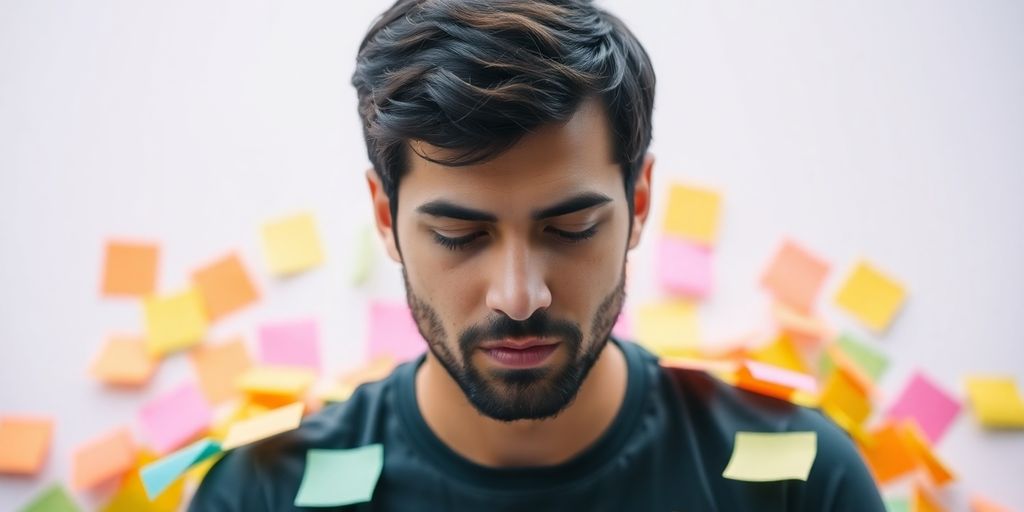 Person memorizing with colorful sticky notes around them.