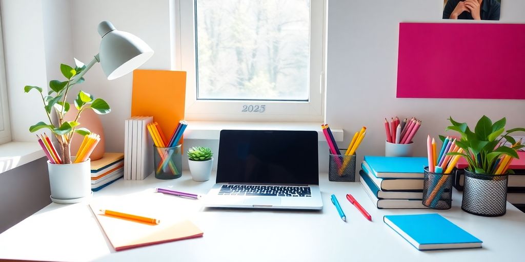 A bright, organized study desk with a laptop.