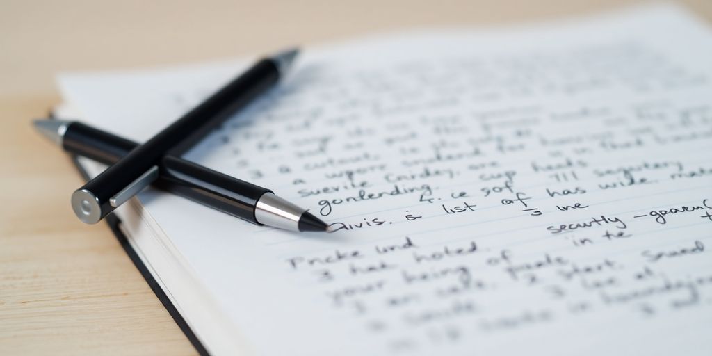 Notebook with organized notes and a pen beside it.