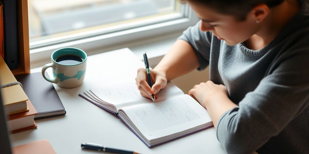 Student taking notes in a bright study space.