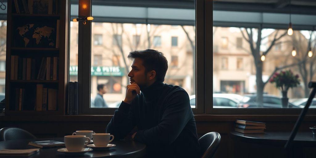 Person in café, reflecting on memories with coffee.