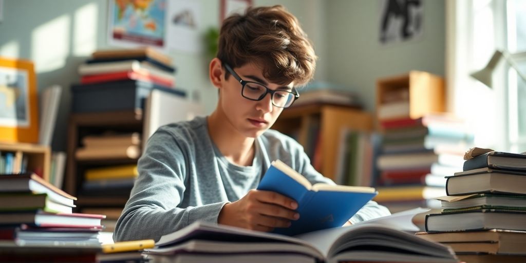 Student studying in a cozy, organized study space.