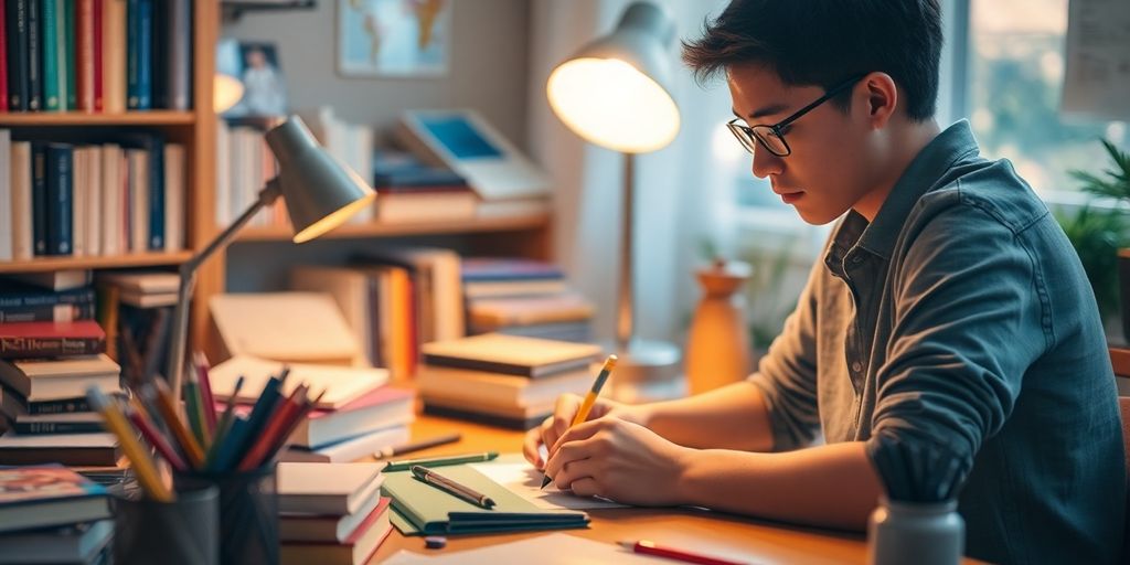 Student writing notes in a cozy study space.