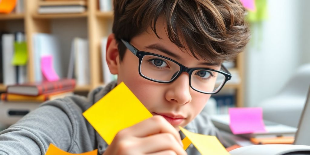 Person studying with sticky notes and books around them.