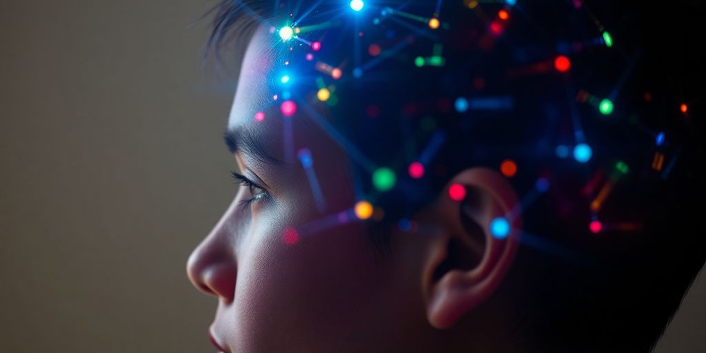 Colorful lights around a person's head, depicting memory.