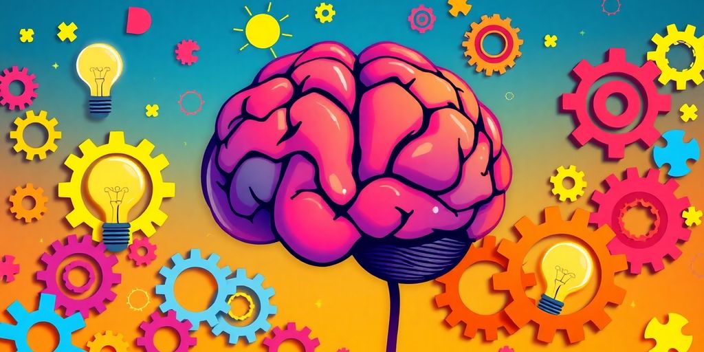 Colorful brain with gears and puzzle pieces for memory.