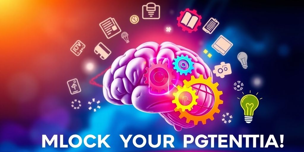 Colorful brain gears with icons for memory exercises.