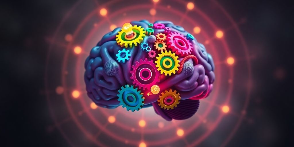 Colorful brain with gears and light bulbs for cognition.