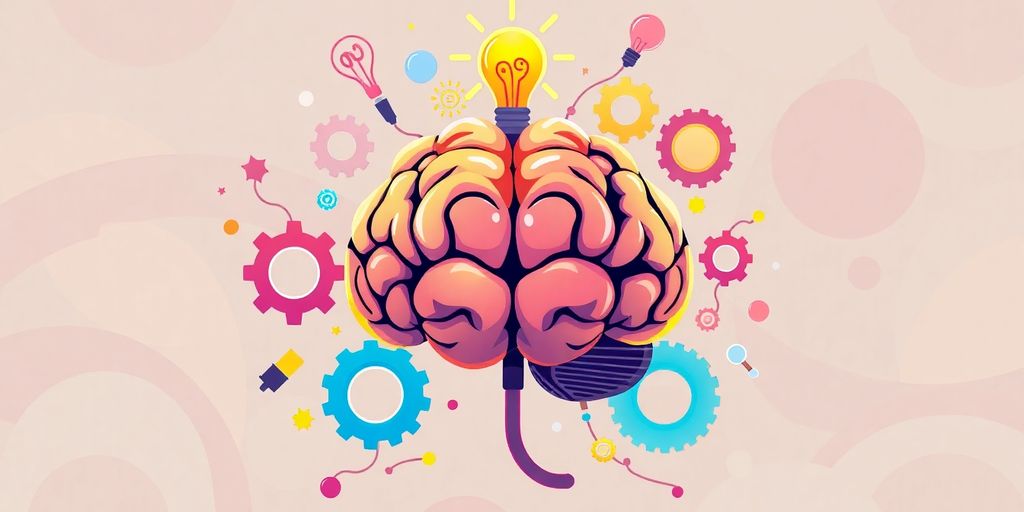 Colorful brain with gears and lightbulbs for memory exercises.